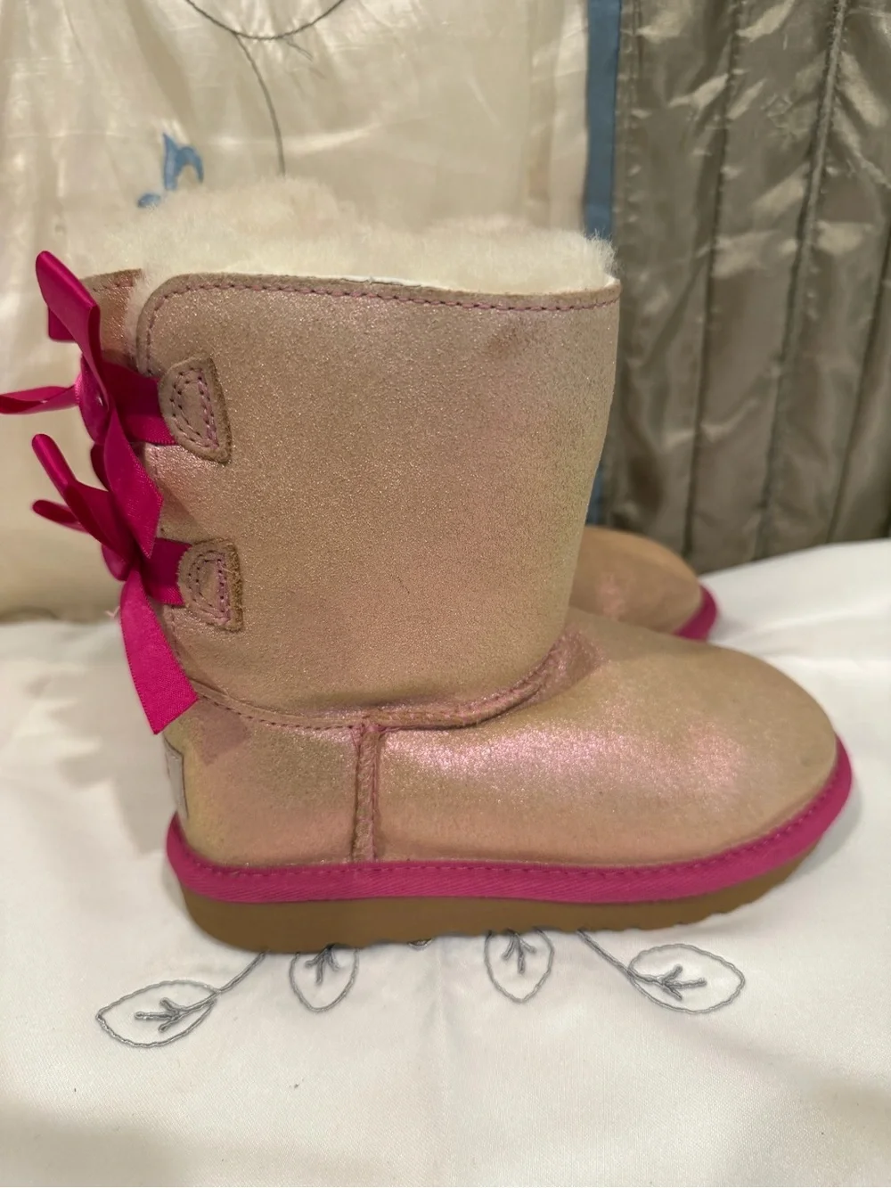 UGG Pink Trim Tan Shearling Kids Boots